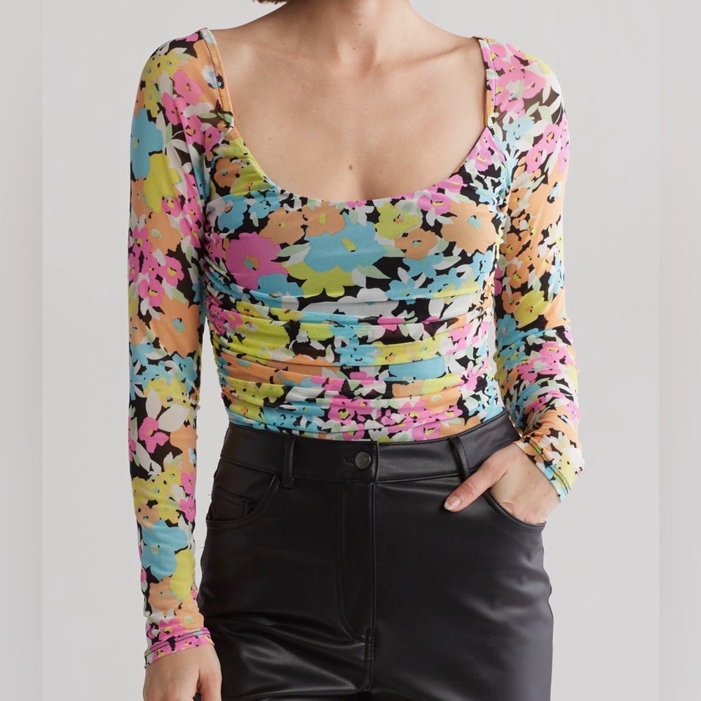 AFRM Neon Floral Mesh Ruched Long Sleeve Bodysuit XL NWT